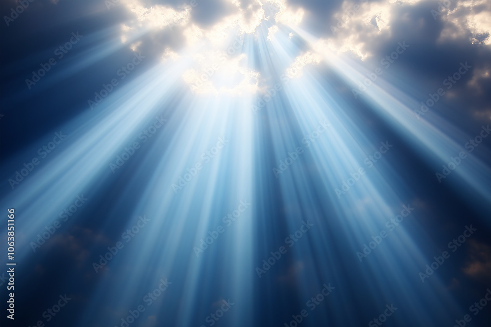 Fototapeta premium White Spotlight shining through clouds in a blue sky, with a magical, dramatic, and enchanted glow, for overlay and screen filter 