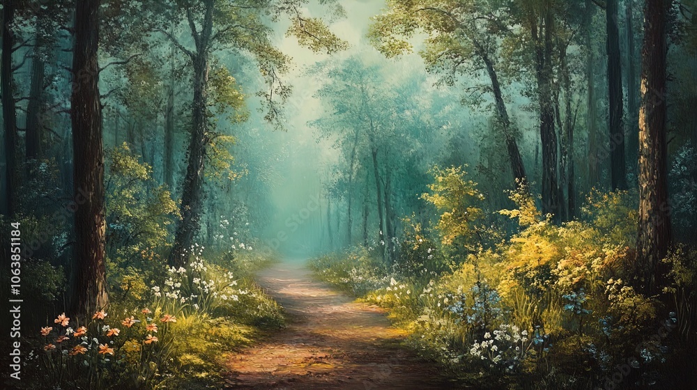 Fototapeta premium A serene forest scene bathed in soft, ethereal light. The path winds through tall trees, their trunks thick and textured, creating a natural frame. Lush greenery blankets the ground, interspersed with