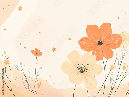 Abstract floral illustration with poppies on green and pink background.
