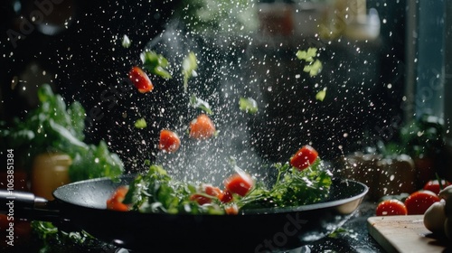 A close-up shot of a pan with tomatoes, herbs, and water droplets flying in the air as a chef cooks a healthy meal.