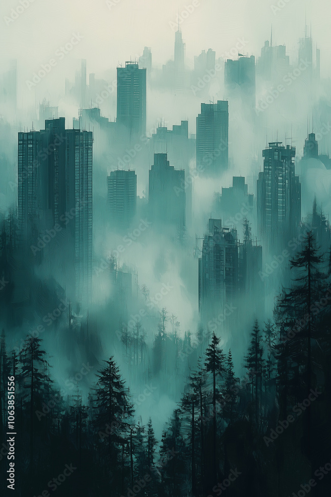 urban forest meeting city fog, skyscrapers rising above the misty treeline in a surreal blend