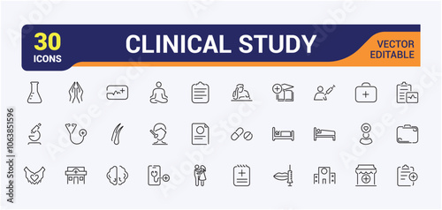 Set of Clinical Study line icons. Containing laboratory, lab, biotech, biochemistry, treatment, medicine, clinical and more. Outline symbol collection. Vector illustration in modern line style.