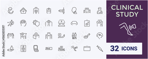 Set of Clinical Study line icons. Containing laboratory, lab, biotech, biochemistry, treatment, medicine, clinical and more. Outline symbol collection. Vector illustration in modern line style.