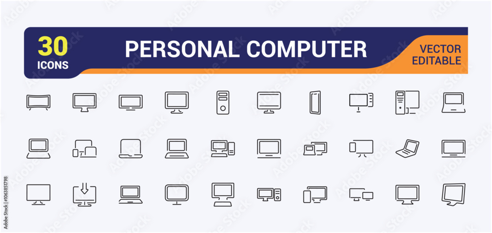 Computer Parts line web icon set. Related to symbol, rom, technology, wire, internet, headphone, webcam, power supply. Outline symbol collection. Editable vector stroke. Computer Parts line web icon set. Related to symbol, rom, technology, wire, internet, headphone, webcam, power supply. Outline symbol collection. Editable vector stroke.