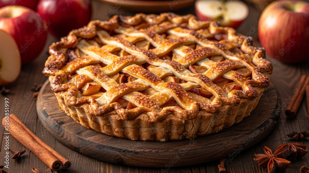 Freshly Baked Lattice Topped Pie with Autumn Ingredients On Rustic Wooden Table Freshly Baked Lattice Topped Pie with Autumn Ingredients On Rustic Wooden Table
