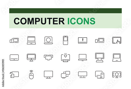 Computer Parts line web icon set. Related to symbol, rom, technology, wire, internet, headphone, webcam, power supply. Outline symbol collection. Editable vector stroke.