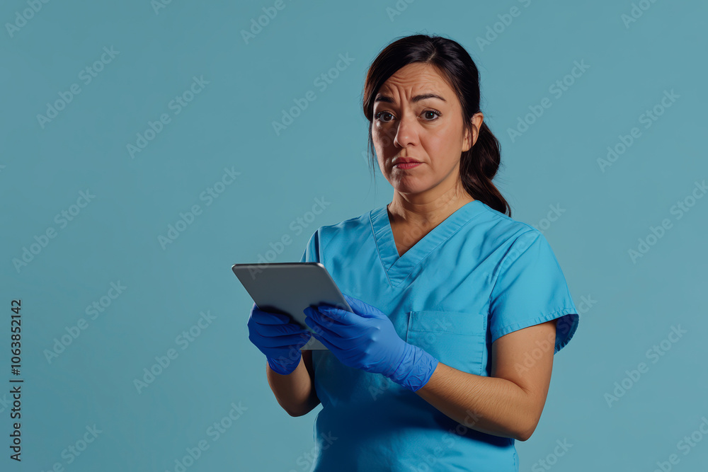 Nurse with blue uniform holding gloves with serious expression Nurse with blue uniform holding gloves with serious expression