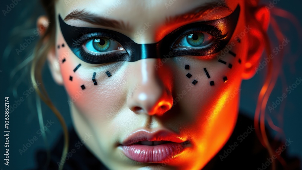 Close-up portrait of a woman with abstract black eye makeup featuring symbolic designs, creating a futuristic and artistic look Close-up portrait of a woman with abstract black eye makeup featuring symbolic designs, creating a futuristic and artistic look