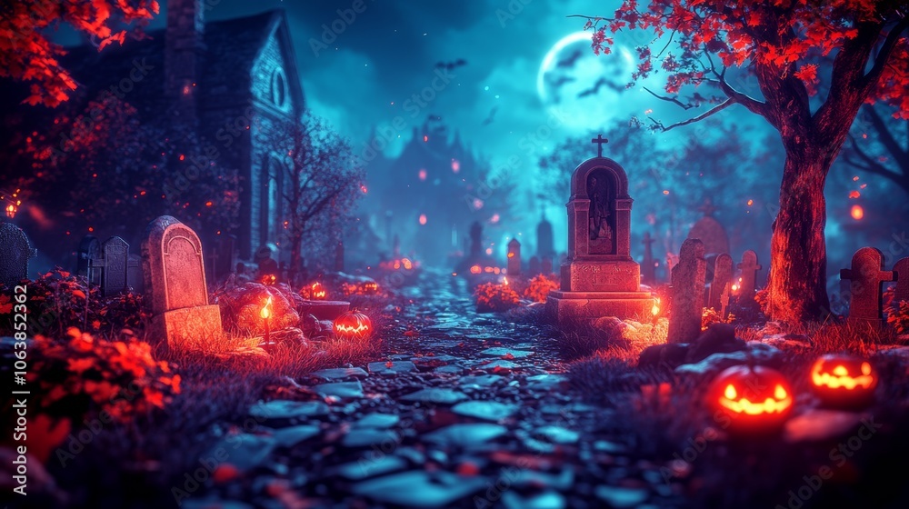 Obraz premium Spooky Halloween Cemetery with Jack o Lanterns Full Moon and Graveyard