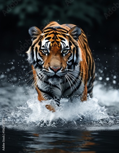 A beautiful tiger, chasing its prey across the water.