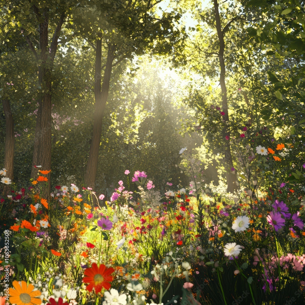 Sunlight streaming in a forest with vibrant flowers Sunlight streaming in a forest with vibrant flowers