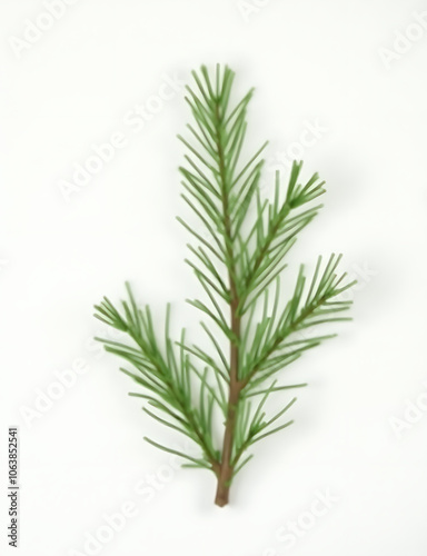 A simple arrangement featuring a single sprig of fir tree branches placed against a plain background photo