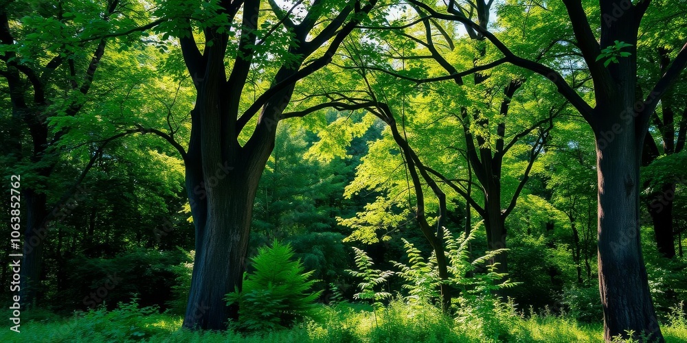 A serene nature background featuring a lush forest with sunlight filtering through the canopy, creating a peaceful and tranquil atmosphere, fresh, sunlight A serene nature background featuring a lush forest with sunlight filtering through the canopy, creating a peaceful and tranquil atmosphere, fresh, sunlight