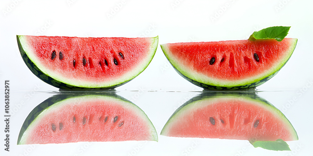 Two Halves of Watermelon on Reflective Surface Two Halves of Watermelon on Reflective Surface