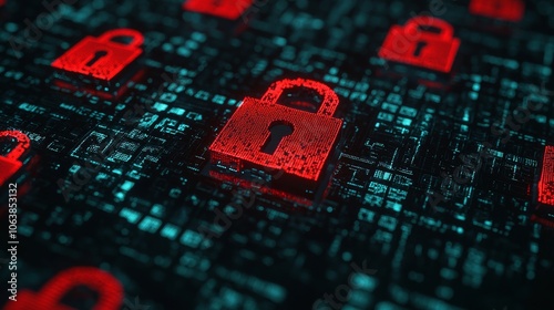 Digital security locks on a circuit background, highlighting cybersecurity and data protection themes.