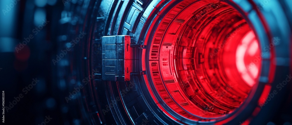 Futuristic close-up of a circular digital interface with glowing red and blue lights, showcasing advanced technology. Futuristic close-up of a circular digital interface with glowing red and blue lights, showcasing advanced technology.