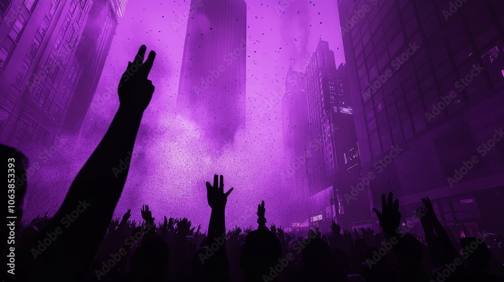 Crowd Silhouettes at a Concert with Purple Lights and Confetti Crowd Silhouettes at a Concert with Purple Lights and Confetti