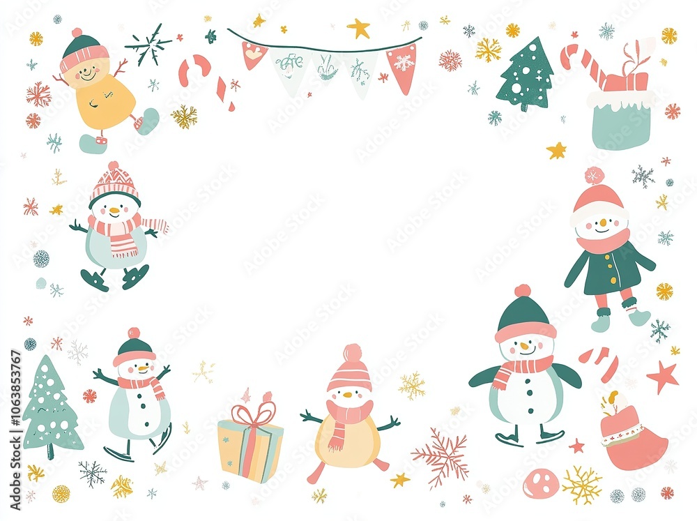 Christmas frame with penguins, snowmen, and festive icons. Christmas frame with penguins, snowmen, and festive icons.