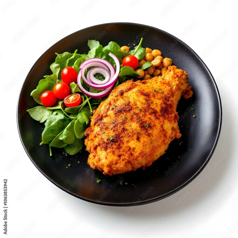 Crispy Fried Chicken with Fresh Salad on Black Plate
Crispy Fried Chicken with Fresh Salad on Black Plate