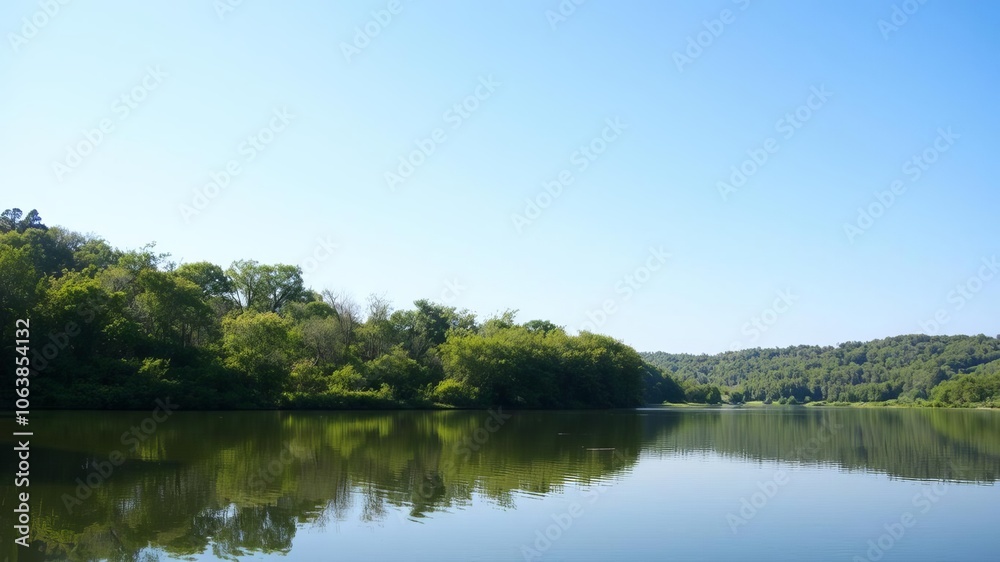 A serene landscape featuring a calm lake reflecting a clear blue sky surrounded by lush green trees, blue sky, trees A serene landscape featuring a calm lake reflecting a clear blue sky surrounded by lush green trees, blue sky, trees