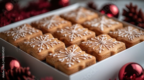 A white box filled with gingerbread cookies decorated with white icing snowflakes. Red Christmas ornaments are blurred in the background.