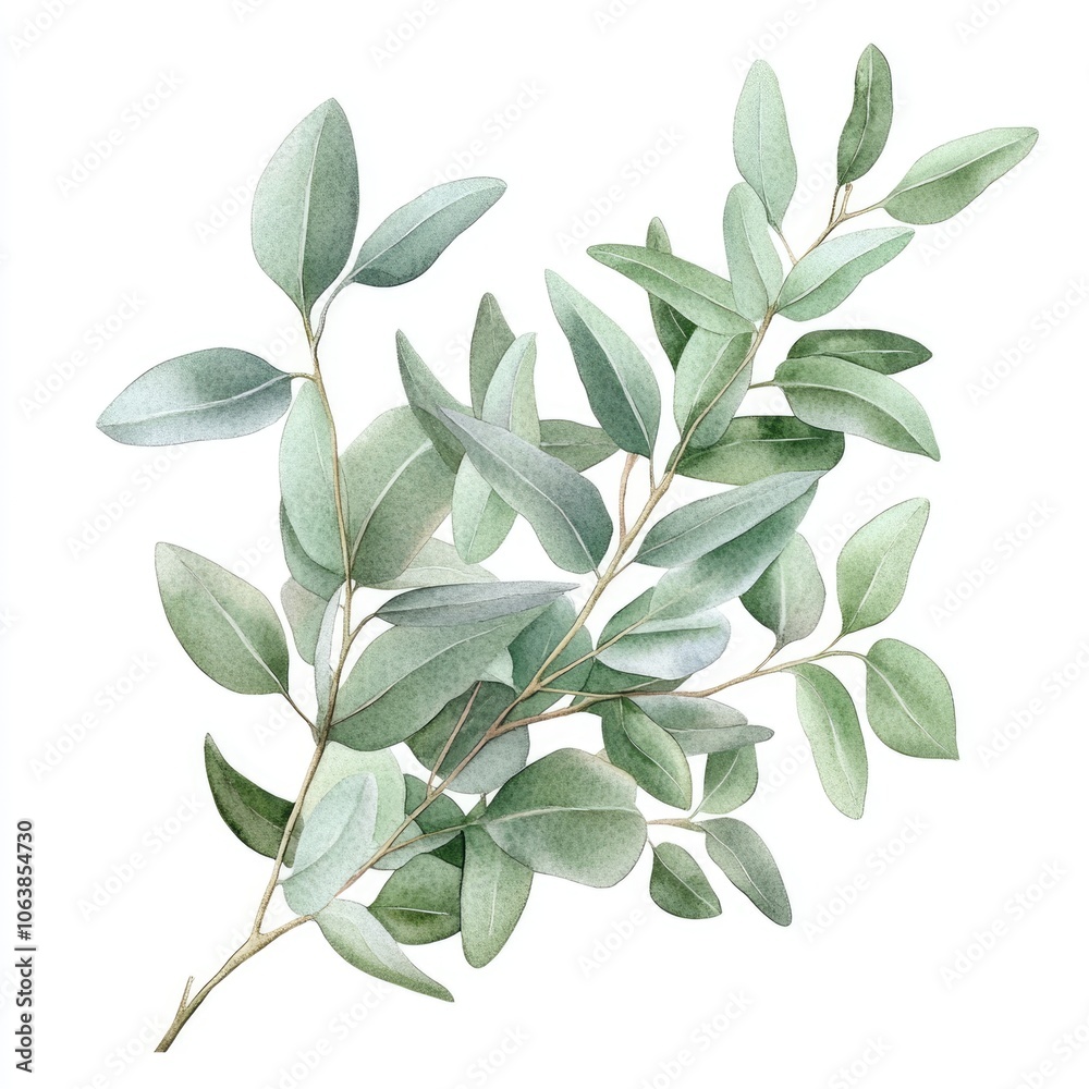 Chic Olive Branch Watercolor Illustration with Eucalyptus and Anemone Blooms Chic Olive Branch Watercolor Illustration with Eucalyptus and Anemone Blooms