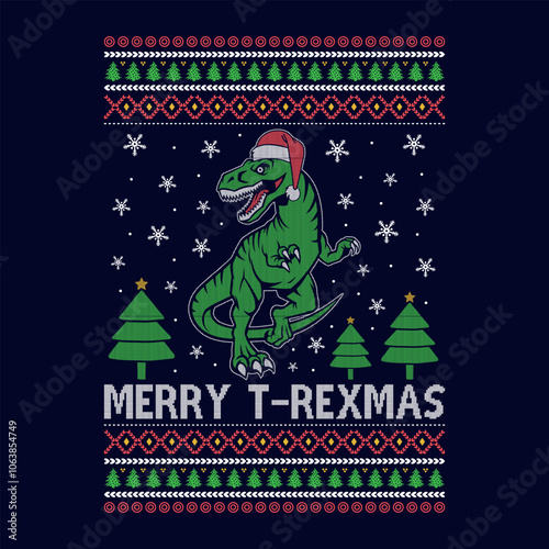 Merry T-Rexmas - Ugly Christmas sweater designs - vector Graphic
