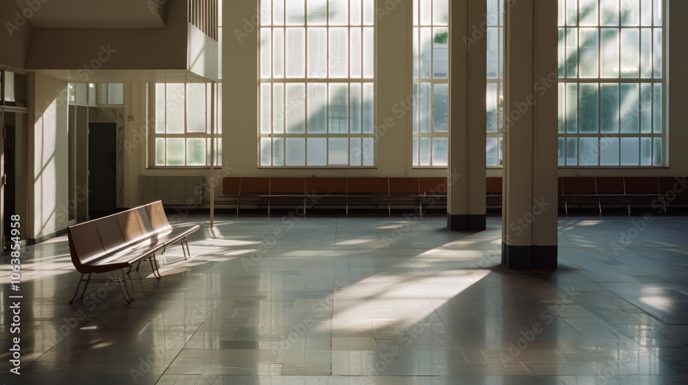 Fototapeta premium Sunlight streams through large windows onto an empty, serene, modern waiting area, casting geometric shadows and highlighting minimalistic benches.