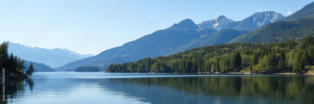 Fototapeta premium A serene lake surrounded by lush greenery and towering mountains reflecting in the still water, scenic, outdoors