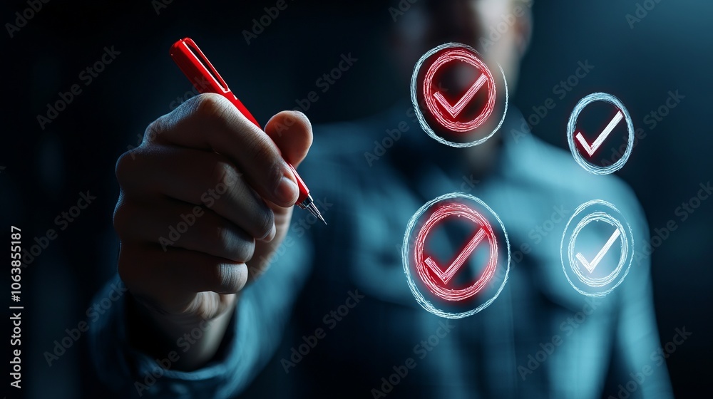 Red check marks inside circles: concept of completing tasks Red check marks inside circles: concept of completing tasks