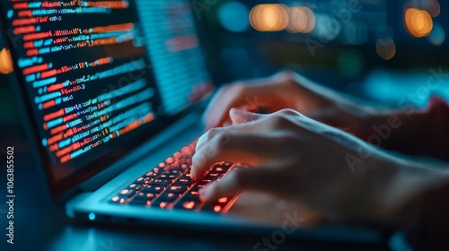 Person typing on a laptop, working on programming with colorful code displayed on the screen.