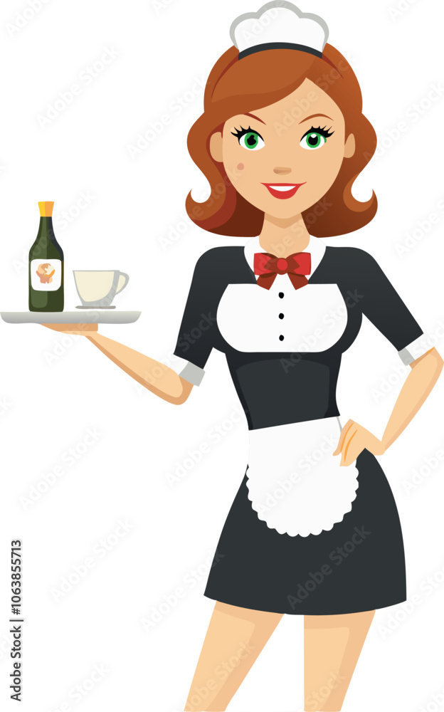 Smiling maid holding a tray with wine bottle and glass Smiling maid holding a tray with wine bottle and glass