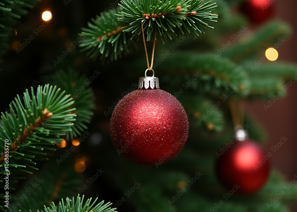A red and silver ball is suspended from a fir garland adding a festive touch to Christmas decorations A red and silver ball is suspended from a fir garland adding a festive touch to Christmas decorations