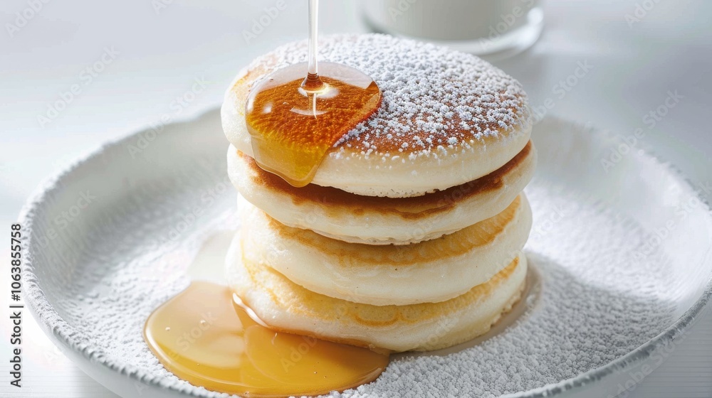 A stack of fluffy pancakes drizzled with syrup, sprinkled with powdered sugar, creates a deliciously sweet breakfast scene on a white plate. A stack of fluffy pancakes drizzled with syrup, sprinkled with powdered sugar, creates a deliciously sweet breakfast scene on a white plate.