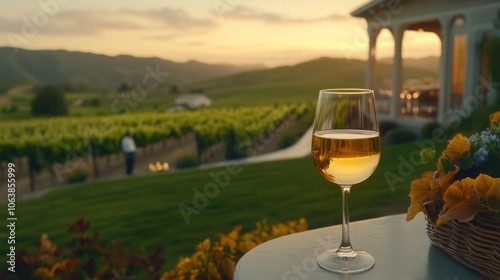 A glass of white wine sits on a table with a vineyard and a sunset in the background.