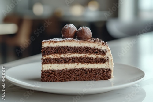 Chocolate Cake Slice with Cream Filling and Chocolate Toppings on White Plate photo