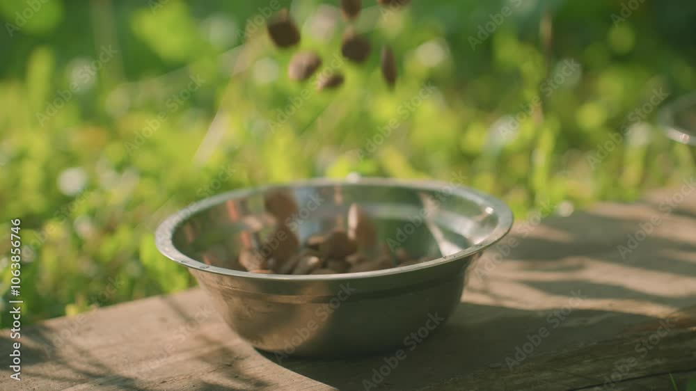 Close up of dog feed being poured into metal bowl on wooden plank outdoors, surrounded by lush green vegetation and soft natural light, with shadow cast on the plank