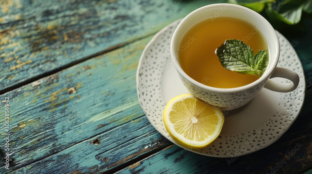 cup of green tea with lemon wedge and mint leaf on rustic wooden table evokes refreshing and calming atmosphere cup of green tea with lemon wedge and mint leaf on rustic wooden table evokes refreshing and calming atmosphere