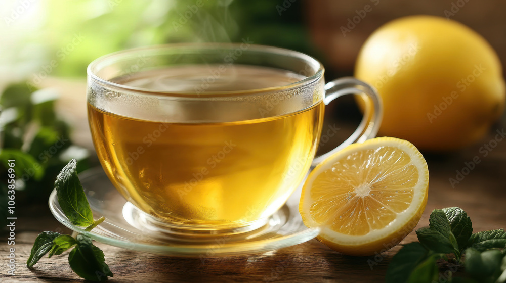 cup of green tea with lemon wedge and fresh mint leaves, exuding warmth and freshness. Perfect for relaxation and rejuvenation cup of green tea with lemon wedge and fresh mint leaves, exuding warmth and freshness. Perfect for relaxation and rejuvenation