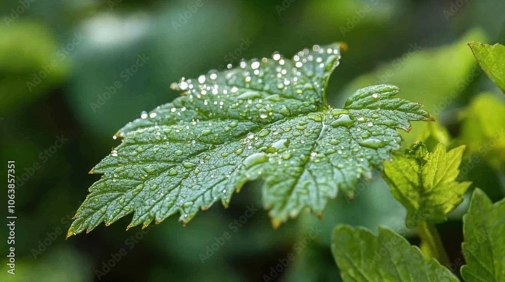 Close-up of a green leaf with water droplets. Close-up of a green leaf with water droplets.
