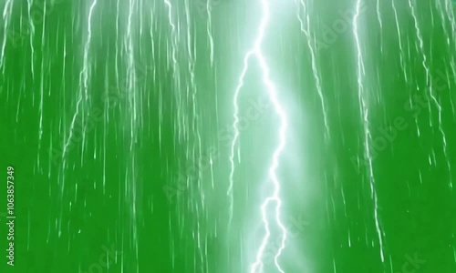 A vibrant abstract green background with a dynamic loop, featuring lightning effects and an Intense thunderstorm effects with bright lightning and pouring rain on a vibrant green screen (mov)