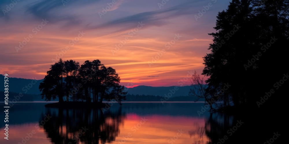 A serene dusk scene with silhouetted trees and colorful sky reflected in a calm lake, beauty, lake A serene dusk scene with silhouetted trees and colorful sky reflected in a calm lake, beauty, lake