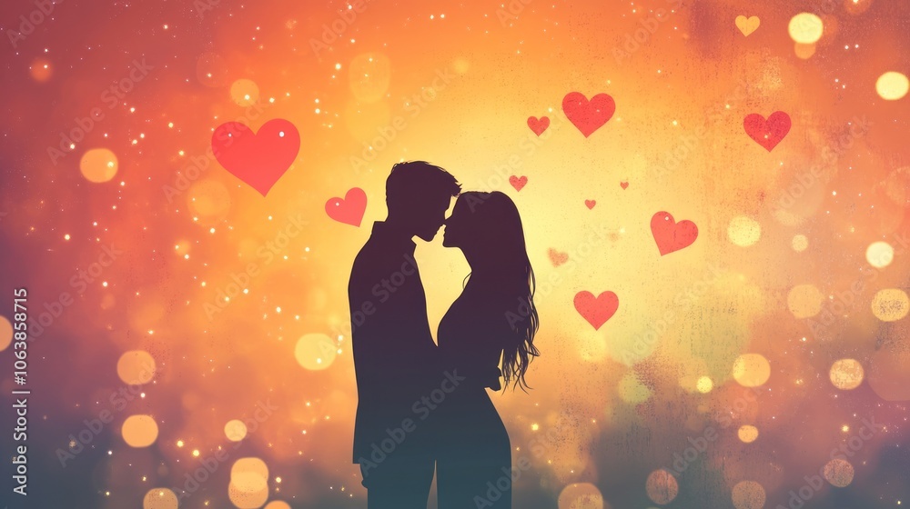 Silhouette of a couple in love, embracing against a sparkling background with hearts. Silhouette of a couple in love, embracing against a sparkling background with hearts.