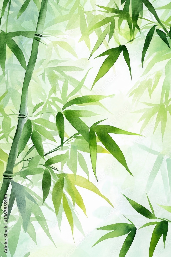 Obraz premium Watercolor Bamboo Forest. Hand-Drawn Illustration of Lush Green Bamboo Stems and Leaves Against White Background
