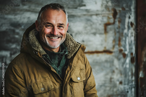 Portrait of a happy man in his 60s in a parka with a rustic wall background.  high quality image