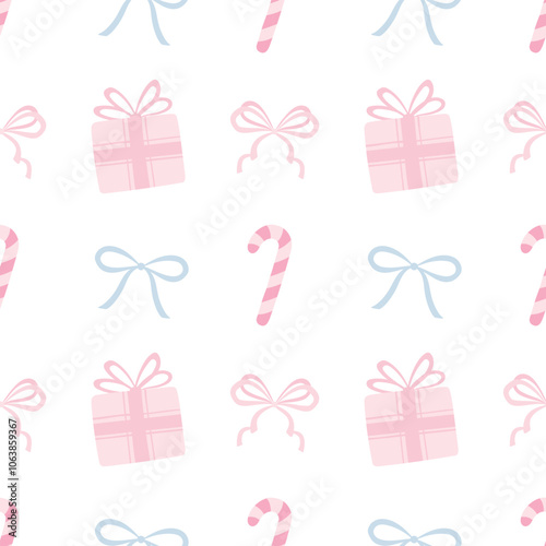 Candy cane, bows, gifts. Vector seamless pattern on white background in pastel colors. Cute flat illustration for Christmas