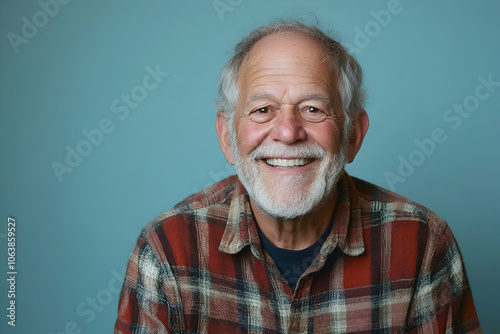 Portrait of a happy man in his 70s in a flannel shirt on a solid color backdrop. 4k high quality