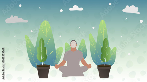 Man performing yoga between plants illustration, man doing yoga in green nature