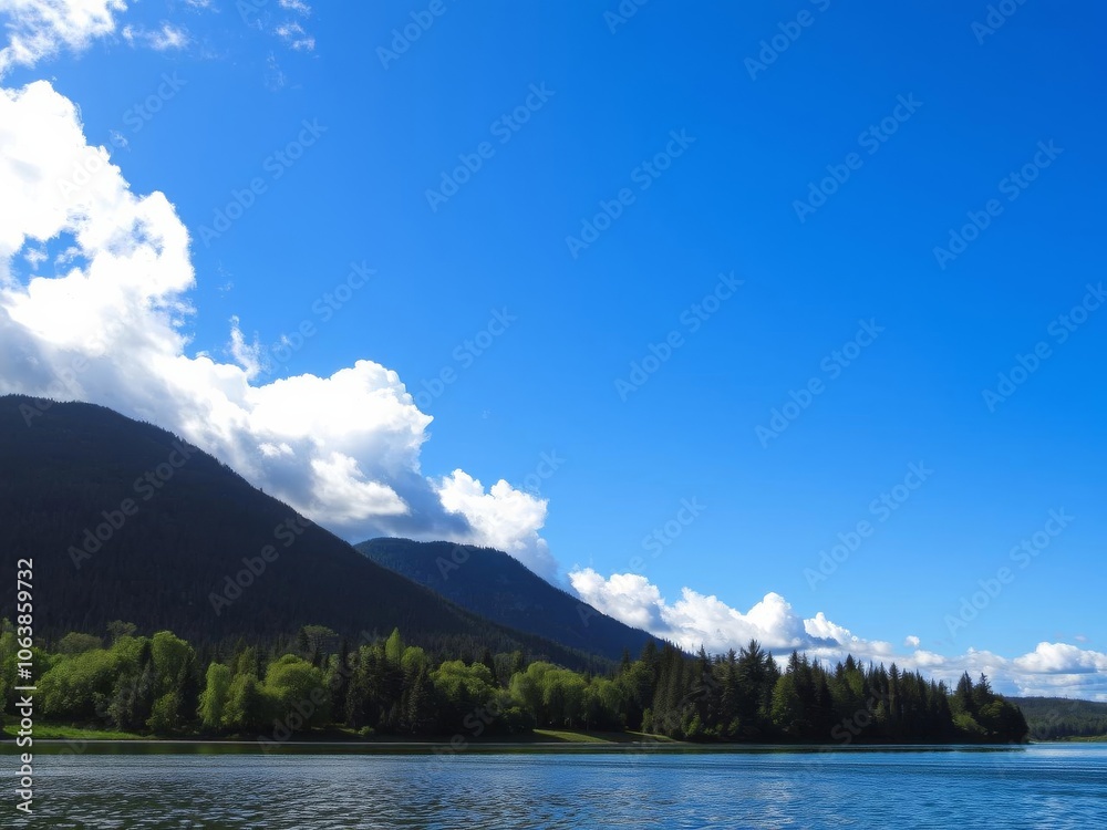 A scenic lake surrounded by lush green trees reflecting in the still water, wilderness, clouds A scenic lake surrounded by lush green trees reflecting in the still water, wilderness, clouds