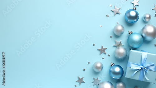 A modern Christmas banner displays silver and blue ornaments along with a gift box against a light blue colored backdrop photo